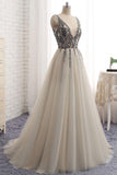 Sweet 16 A Line V-Neck Tulle Long Prom Dresses with Beading, Party Dress, PL178