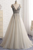 Sweet 16 A Line V-Neck Tulle Long Prom Dresses with Beading, Party Dress, PL178