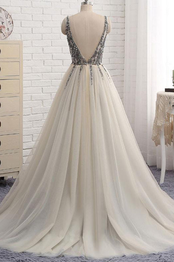 Sweet 16 A Line V-Neck Tulle Long Prom Dresses with Beading, Party Dress, PL178