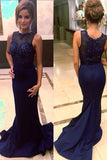 Navy Blue Satin Beaded Prom Dresses with Sweep Train,Mermaid Prom Gowns, PL179