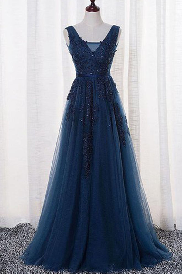 knee length dresses for ladies Gorgeous Sleeveless A Line V-Neck Tulle Long Prom Dress with Appliques Custom Size / Custom Color