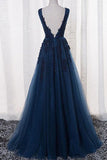 Gorgeous Sleeveless A Line V-neck Tulle Long Prom Dress with Appliques, PL180