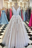 Tulle A line V Neck Floor Length Sleevesless Long Prom Dresses, PL182