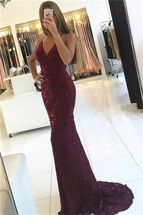 Shiny Mermaid Burgundy V-neck Straps Backless Sequined Prom Dresses – Promnova