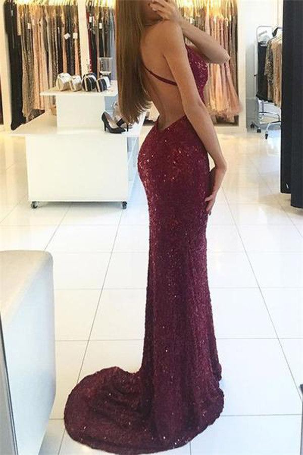 Shiny Mermaid Burgundy V-neck Straps Backless Sequined Prom Dresses, PL185 - Promnova