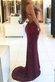 Shiny Mermaid Burgundy V-neck Straps Backless Sequined Prom Dresses, PL185