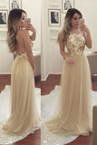 Spaghetti Strap Tulle A line Sleeveless Long Prom Dress with Beads, PL186