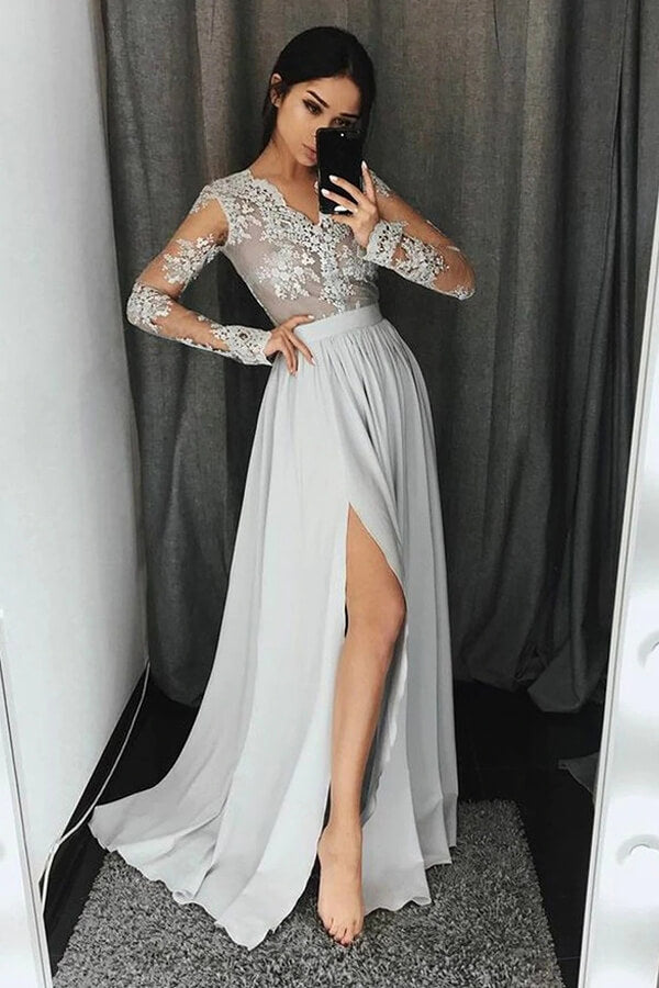 V-Neck Long Sleeves Light Grey Chiffon Prom Dress with Appliques PG435 US16 / As Picture V-Neck Long Sleeves Light Grey Chiffon Prom Dress with Appliques PG435 US16 / As Picture