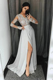 Chiffon V Neck Long Sleeves Side Slit Prom Dresses with Beading -PL187