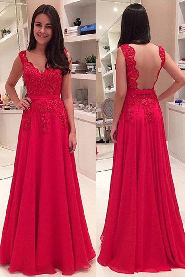 Red Chiffon Open Back Floor Length Long Prom Dress Evening Dress -PL189