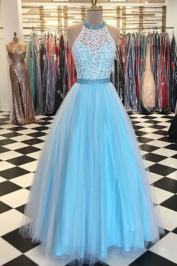 Blue A Line Tulle High Neck Lace Floor Length Long Prom Dress -PL192