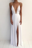 Simple White V-neck Spaghetti Strap Prom Dress With Front Split PL193