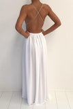 Simple White V-neck Spaghetti Strap Prom Dress With Front Split PL193