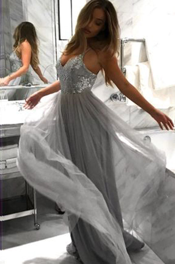 Silver V-neck Gray Tulle Long Formal Evening Dress Sequin Prom Dress Custom Size / Custom Color Silver V-neck Gray Tulle Long Formal Evening Dress Sequin Prom Dress Custom Size / Custom Color