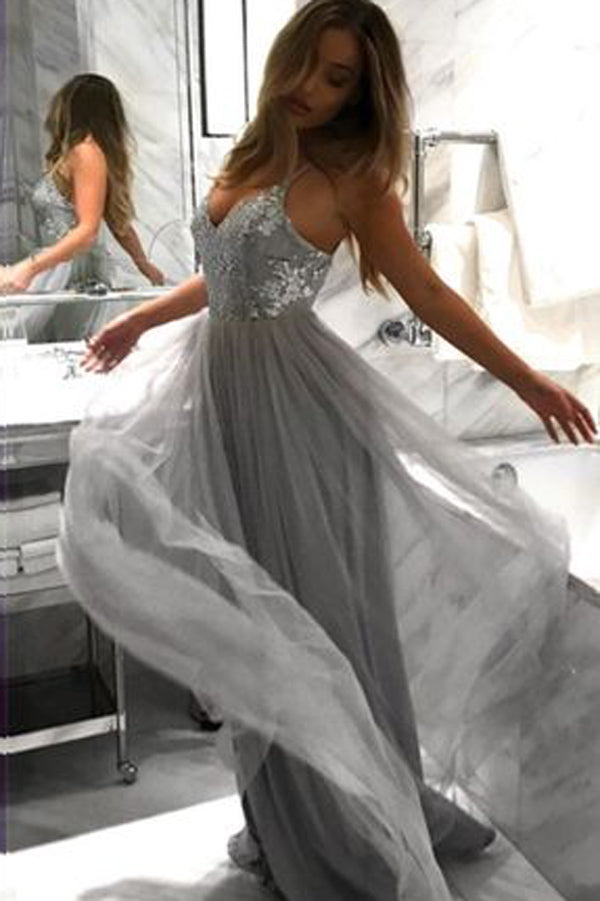 Silver V-neck Gray Tulle Long Formal Evening Dresses Sequin Prom Dress PL194