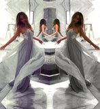 Silver V-neck Gray Tulle Long Formal Evening Dresses Sequin Prom Dress PL194