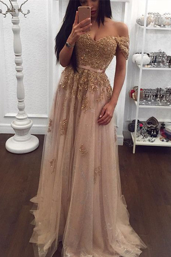 Gold Lace Tulle Beaded Sweetheart Off Shoulder Prom Dress Evening US2 / Custom Color Gold Lace Tulle Beaded Sweetheart Off Shoulder Prom Dress Evening US2 / Custom Color
