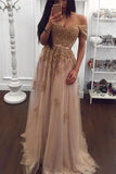 Gold Lace Tulle Beaded Sweetheart Off Shoulder Prom Dress Evening Gowns PL195