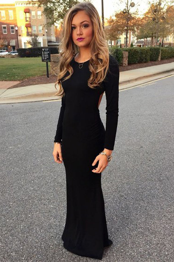 Scoop Neck Satin Floor Length Black Long Sleeve Open Back Prom Dress – Promnova