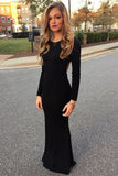 Scoop Neck Satin Floor Length Black Long Sleeve Open Back Prom Dress -PL196