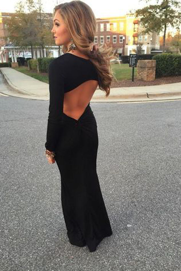 Scoop Neck Satin Floor Length Black Long Sleeve Open Back Prom Dress Promnova Scoop Neck Satin Floor Length Black Long Sleeve Open Back Prom Dress Promnova