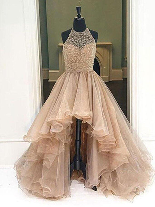 Chic Halter Asymmetrical Tulle Long Prom Dresses Evening Dress PL197