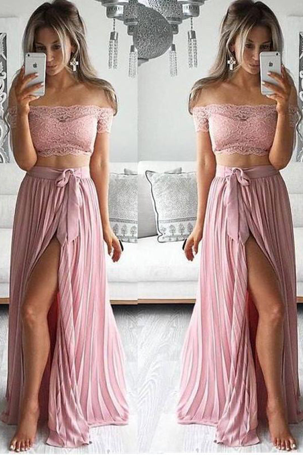 Two Pieces Off Shoulder Lace Top Sexy Side Slit Prom Dresses, Newest Prom Dresses
