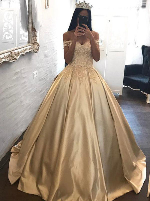 Ball Gown Off-the-shoulder Satin Prom Dress Evening Dress With Appliques PL199 - Promnova
