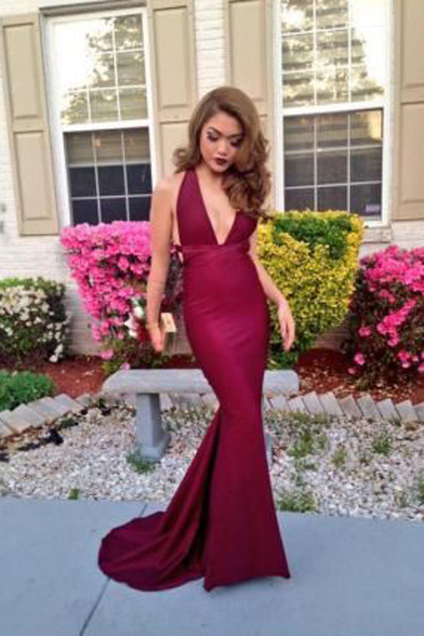 Burgundy Mermaid Plunging V-Neck Prom Dress With Sweep Train PL205