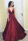 Simple Burgundy V neck Long Prom Dress, Burgundy Evening Dress PL206