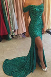 Green Off Shoulder Sequin Side Slit Long Prom Dress With Sweep Train, PL207