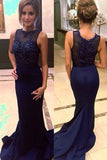 Navy Blue High Neck Beaded Mermaid Prom Dresses with Sweep Train PL208