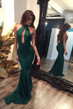 Green High Neck Mermaid Backless Long prom dresses with Sweep Train PL209