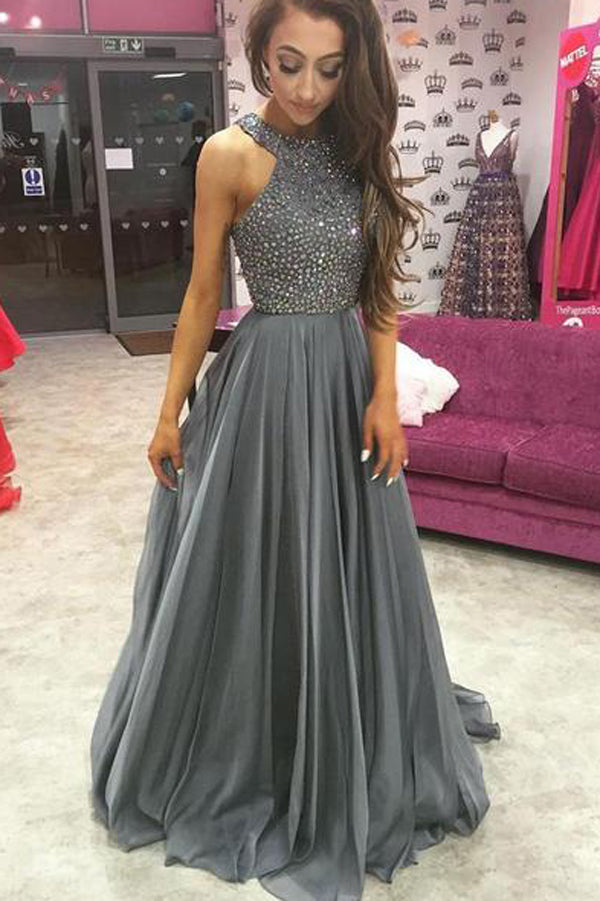 Chiffon Grey Rhinestone Beaded A-Line Top Dark Long Prom Dresses US16 / Custom Color Chiffon Grey Rhinestone Beaded A-Line Top Dark Long Prom Dresses US16 / Custom Color