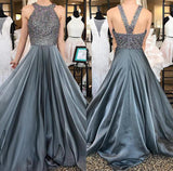 Chiffon Grey Rhinestone Beaded A-line Top Dark Long Prom Dresses at promnova.com