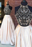 Fabulous High Neck Beaded Two Pieces Cheap Long Prom Dresses PL211