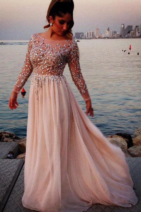 Chiffon Beaded A-line Long Sleeves Scoop Neck Long Prom Dresses US14 / Custom Color Chiffon Beaded A-line Long Sleeves Scoop Neck Long Prom Dresses US14 / Custom Color