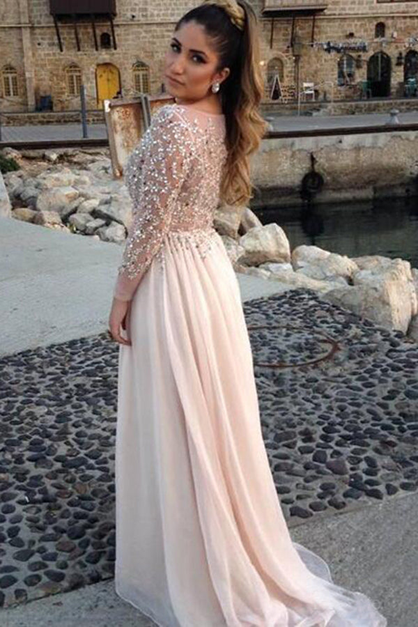 Chiffon Beaded A-line Long Sleeves Scoop Neck Long Prom Dresses PL212