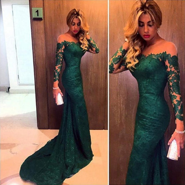Long Sleeves Lace Green Mermaid Backless Prom Dresses,Evening Dresses at promnova.com