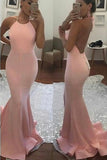 Pink Halter Open Back Mermaid Sleeveless Long Prom Dresses,Evening Gown PL214
