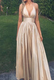 Satin A-line V-neck Sleeveless Open Back Long Prom Dresses,Party Dress PL215