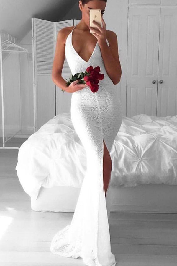 Elegant White Halter Lace V Neck Side Slit Long Prom Dresses – Promnova