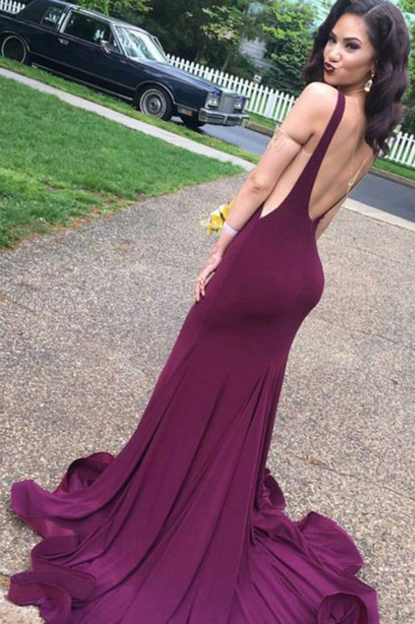 Cheap Attractive Burgundy Open Back Long Prom Dresses with Sweep Train PL218