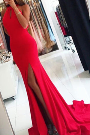 Simple Sleeveless Red Mermaid Evening Dress, Long Prom Dress with Slit PL219