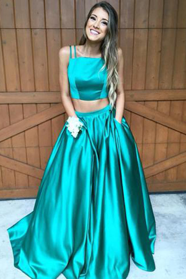 Satin Green Two Piece Turquoise Long Prom Dress Prom Gown Promnova Satin Green Two Piece Turquoise Long Prom Dress Prom Gown Promnova