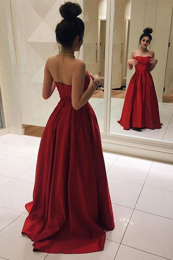 Gorgeous Red Satin Strapless A Line Cheap Prom Dresses Evening Gowns – Promnova