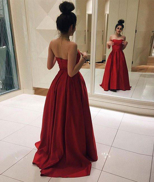 Gorgeous Red Satin Strapless A Line Cheap Prom Dresses Evening Gowns – Promnova