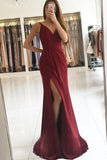 Burgundy Elastic Satin Sheath V-Neck Split Prom Dress with Sweep Train PL229