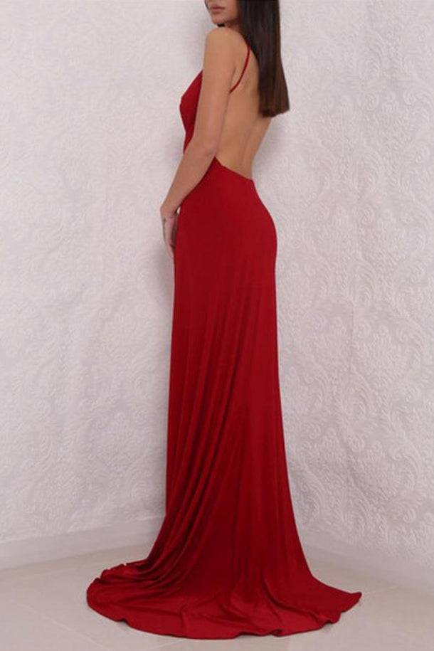 Fabulous Red Backless Deep V Neck High Slit Long Prom Dresses at promnova.com