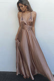 Blush Simple V-Neck Floor Length Criss-Cross Straps Prom Dress with Pleats PL232